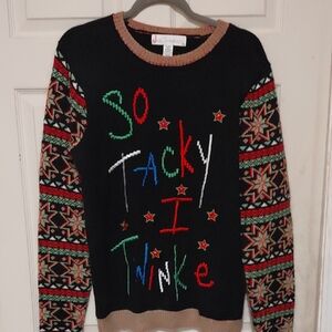 Festive Black Sweater with Red and Green Patterns